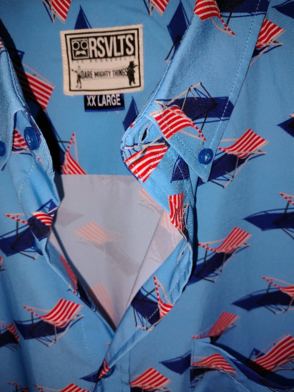 RSVLTS American Beach Day Mens 2XL KUNUFLEX Shirt US Flag Lounge Chairs Blue